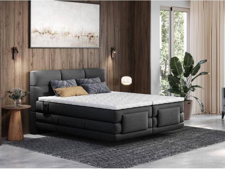 Boxspringbett mit gestepptem Kopfteil + elektrischem Untergestell mit Relaxfunktion + Matratze + Topper - 2 x 90 x 200 cm - Stoff - Anthrazit - LODI von PALACIO Boxspringbett mit gestepptem Kopfteil + elektrischem Untergestell mit Relaxfunktion + Matratze + Topper - 2 x 90 x 200 cm - Stoff - Anthrazit - LODI von PALACIO von KAUF-UNIQUE.de