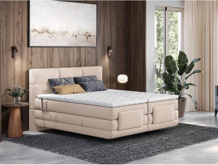 Boxspringbett mit gestepptem Kopfteil + elektrischem Untergestell mit Relaxfunktion + Matratze + Topper - 2 x 90 x 200 cm - Stoff - Beige - LODI von PALACIO Boxspringbett mit gestepptem Kopfteil + elektrischem Untergestell mit Relaxfunktion + Matratze + Topper - 2 x 90 x 200 cm - Stoff - Beige - LODI von PALACIO von KAUF-UNIQUE.de