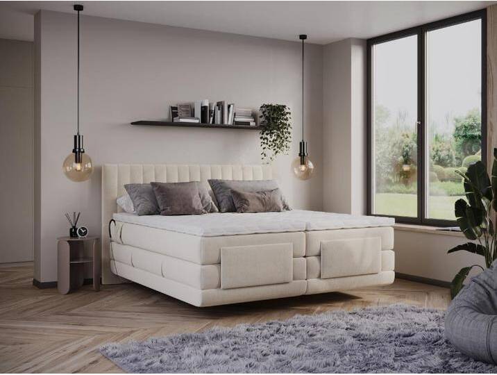 Boxspringbett mit vertikalen Ziernähten am Kopfteil + elektrischem Untergestell mit Relaxfunktion + Matratze + Topper - 2 x 90 x 200 cm - Samt - Beige - DONISI von PALACIO Boxspringbett mit vertikalen Ziernähten am Kopfteil + elektrischem Untergestell mit Relaxfunktion + Matratze + Topper - 2 x 90 x 200 cm - Samt - Beige - DONISI von PALACIO von KAUF-UNIQUE.de