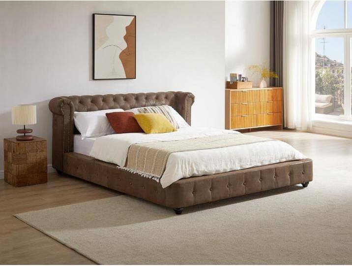 Chesterfield-Bett - 180 x 200 cm - Stoff - Vintage-Leder-Optik - Braun - TONGERLA von KAUF-UNIQUE.de