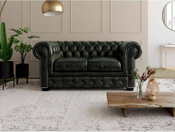 Chesterfield Ledersofa 2-Sitzer - Büffelleder - Schwarzgrün - BRENTON von KAUF-UNIQUE.de