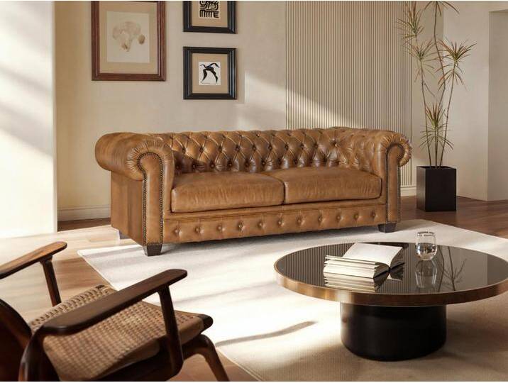 Chesterfield Ledersofa 3-Sitzer - Büffelleder - Karamellbraun - BRENTON von KAUF-UNIQUE.de