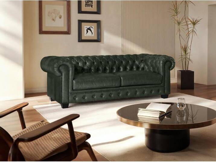 Chesterfield Ledersofa 3-Sitzer - Büffelleder - Schwarzgrün - BRENTON von KAUF-UNIQUE.de
