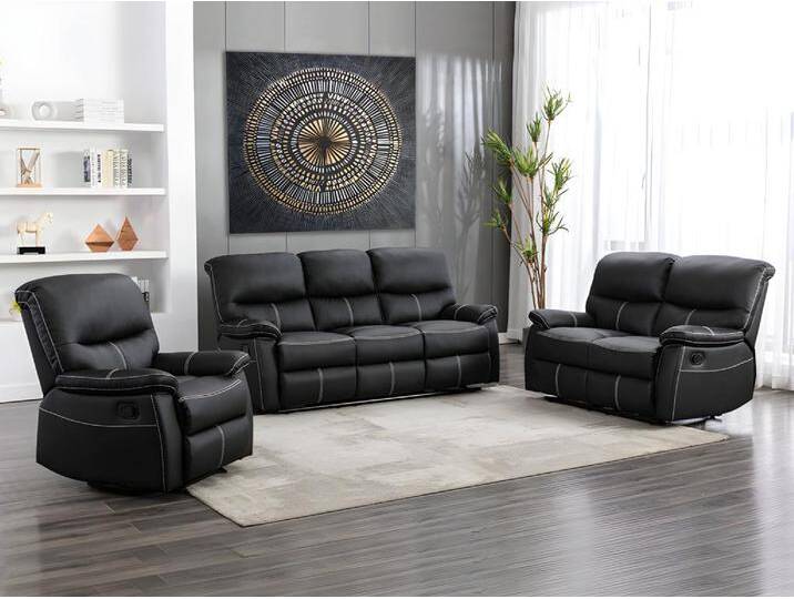 Couchgarnitur Relax 3+2+1 - Kunstleder - Schwarz - CANBY - mit Relaxfunktion, 5 Neigungspositionen, klassisches Design von KAUF-UNIQUE.de