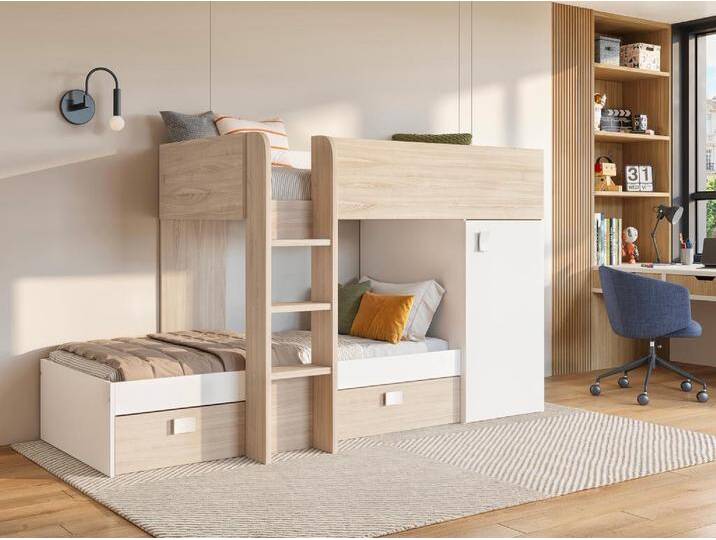 Eck-Hochbett modulierbar - 2 x 90 x 190 cm - mit Stauraum - Holzfarben & Weiß + Matratze - RICARDO von KAUF-UNIQUE.de