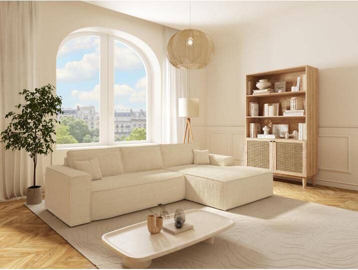 Eckschlafsofa mit Matratze - Ecke rechts - Cord - Beige - Liegefläche 140 cm - Matratze 14 cm mit Memory Schaum - AMELIA von KAUF-UNIQUE.de