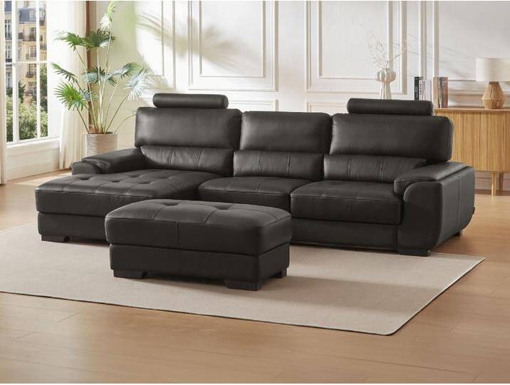 Ecksofa Leder & Sitzhocker - Ecke Links - Schwarz - METROPOLITAN II von KAUF-UNIQUE.de