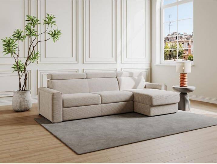Ecksofa mit Matratze - Ecke wechselbar - Cord - Beige - Liegefläche mit Lattenrost mit breiten Latten 160 cm - Matratze 22 cm - Memory Schaum - VIZIR von KAUF-UNIQUE.de