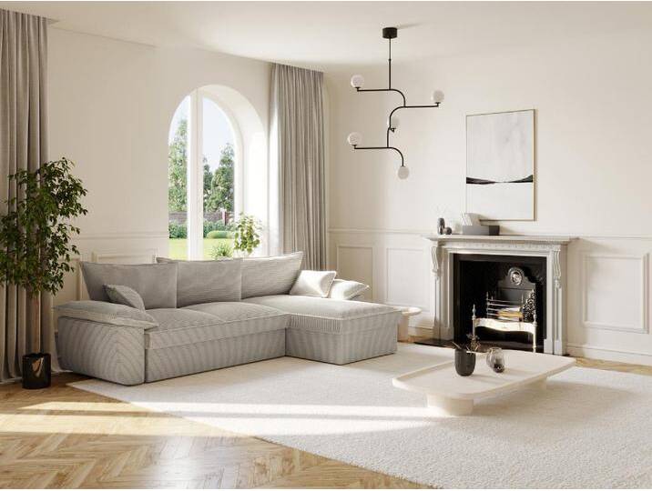 Ecksofa mit Schlaffunktion + Bettkasten - Ecke rechts - Cord - Hellgrau - GUILLERMO II von KAUF-UNIQUE.de