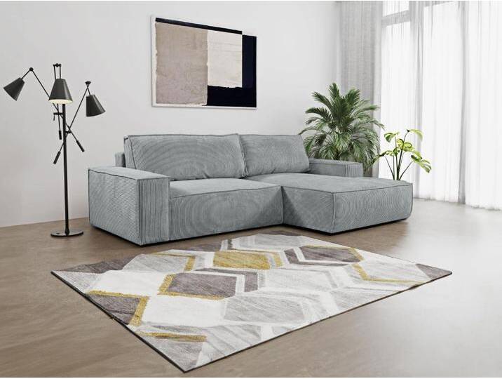 Ecksofa mit Schlaffunktion - Ecke Rechts - Cord - Hellgrau - AMELIA von KAUF-UNIQUE.de