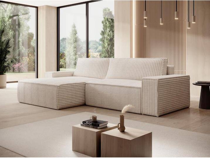 Ecksofa mit Schlaffunktion - Ecke links - grob gerippter Cord - Beige - AMELIA von KAUF-UNIQUE.de
