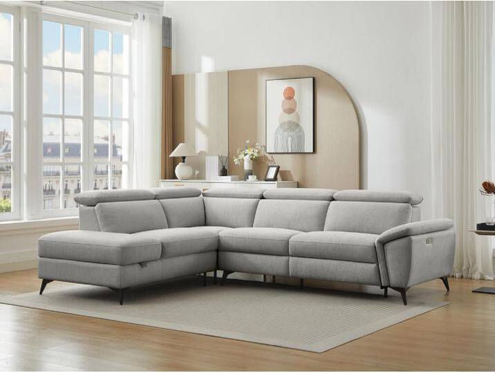 Ecksofa mit elektrischer Relaxfunktion und linkem Winkel aus hellgrauem Chiné-Stoff CADILO von KAUF-UNIQUE.de