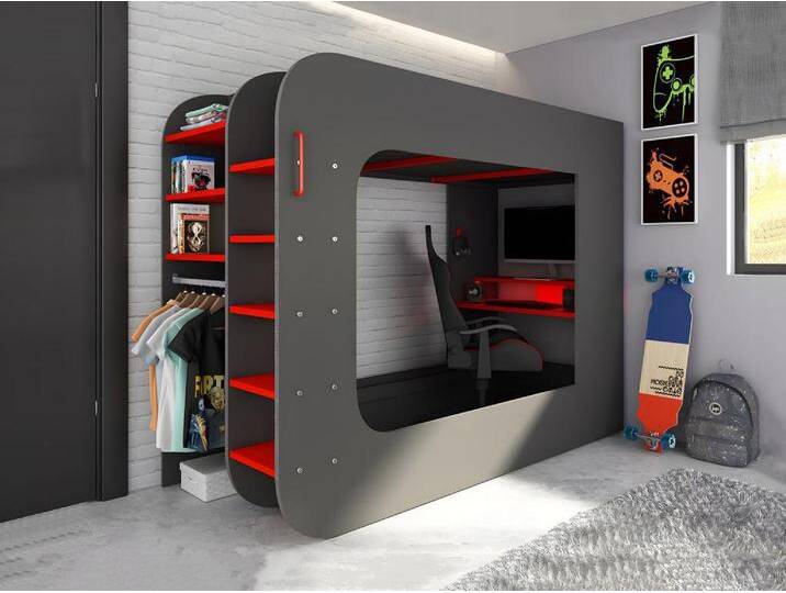 Hochbett mit Gaming-Schreibtisch & Stauraum + LEDs - 90 x 200 cm - Anthrazit & Rot - WARRIOR von KAUF-UNIQUE.de
