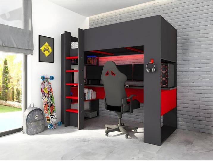 Hochbett mit Gaming-Schreibtisch & Stauraum mit LEDs - 90 x 200 cm - Anthrazit & Rot - NOAH von KAUF-UNIQUE.de