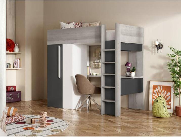 Hochbett mit Schreibtisch & Kleiderschrank - 90 x 200 cm - Anthrazit & Weiß - NICOLAS II von KAUF-UNIQUE.de