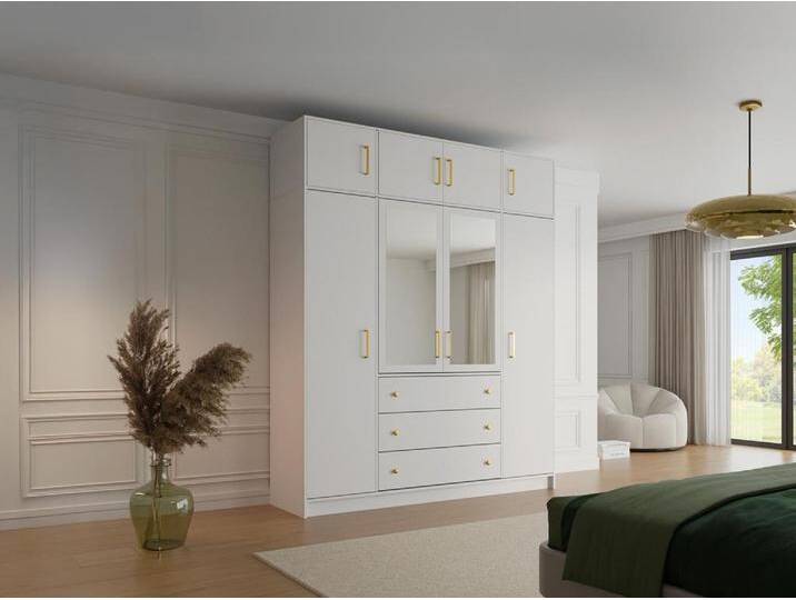 Kleiderschrank mit 4 Türen & 3 Schubladen + Aufsatz - Mit Spiegel - 196 cm - Weiß - LIZANDRO von KAUF-UNIQUE.de