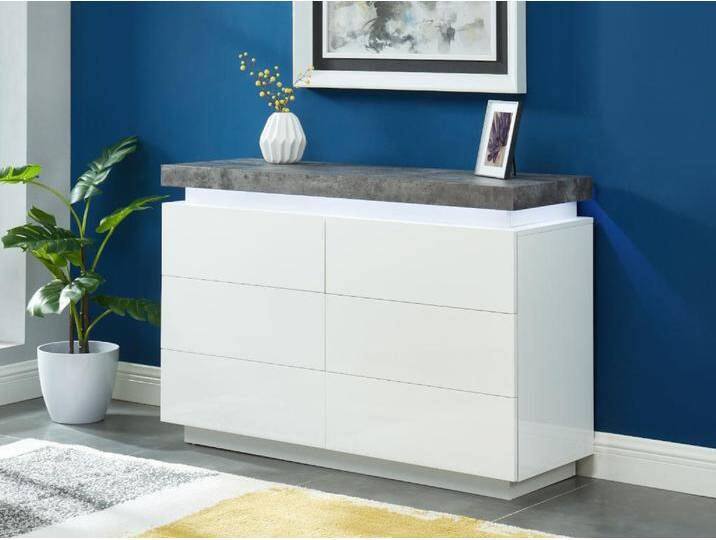Kommode mit 6 Schubladen & LEDs - MDF lackiert - Weiß & Beton-Optik - HALO II von KAUF-UNIQUE.de
