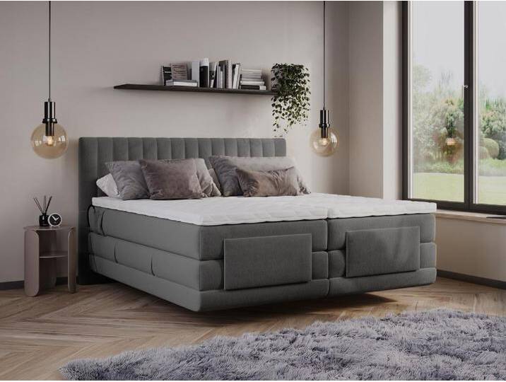 Komplettes Boxspring-Set - Kopfteil mit vertikalen Nähten + elektrischer Relax-Lattenrost + Matratze + Topper - 2 x 80 x 200 cm - Velours - Anthrazit - DONISI von PALACIO von KAUF-UNIQUE.de