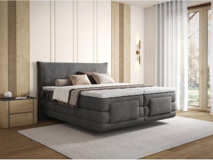 Komplettes Boxspring-Set mit Kopfteil + elektrisch verstellbare Lattenroste + Matratze + Topper - 2 x 90 x 200 cm - Stoff - Anthrazit - ZANORO von PALACIO von KAUF-UNIQUE.de