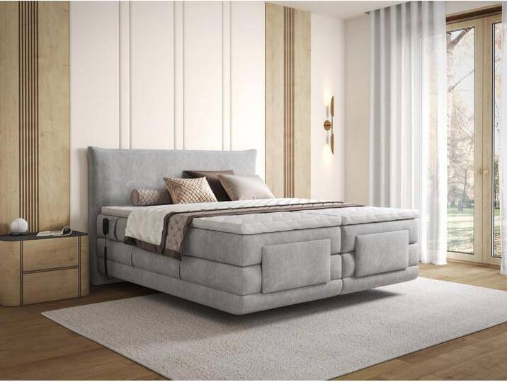 Komplettes Boxspring-Set mit Kopfteil + elektrisch verstellbare Lattenroste + Matratze + Topper - 2 x 90 x 200 cm - Stoff - Hellgrau - ZANORO von PALACIO von KAUF-UNIQUE.de