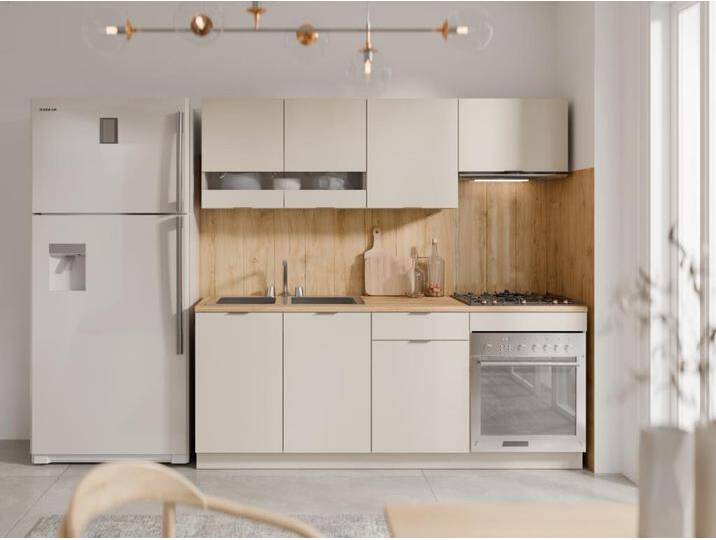 Küchenzeile - Mit Arbeitsplatte 200 cm - Beige & Holzfarben - CARMEO von KAUF-UNIQUE.de