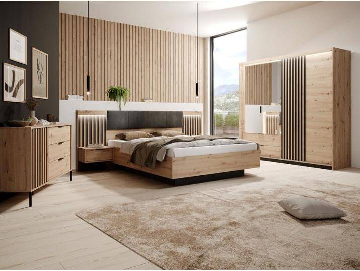 Schlafzimmer-Set - Bett mit Nachttischen - 160 x 200 cm + Lattenrost + Kommode + Kleiderschrank - Holzfarben & Schwarz - ARIADA Schlafzimmer-Set - Bett mit Nachttischen - 160 x 200 cm + Lattenrost + Kommode + Kleiderschrank - Holzfarben & Schwarz - ARIADA von KAUF-UNIQUE.de