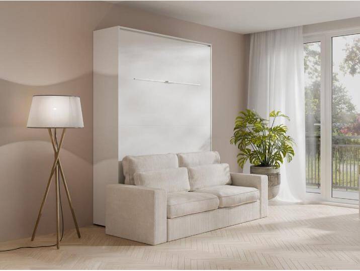 Schrankbett + Sofa - 140 x 200 cm - Manuelle vertikale Öffnung - Mit LED-Beleuchtung - Weiß - RAPILI von KAUF-UNIQUE.de