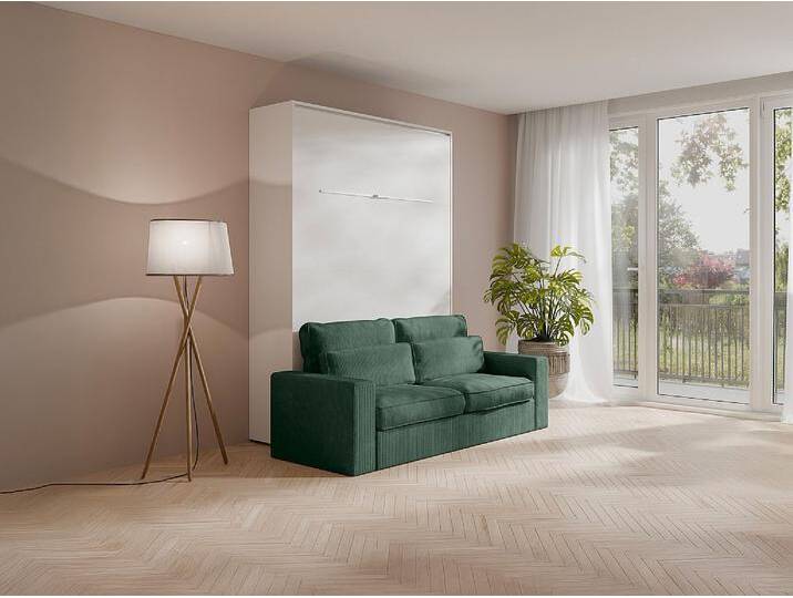 Schrankbett 140 x 200 cm - Manuelle vertikale Öffnung - Mit LEDs - Weiß + Matratze + Grünes Sofa - RAPILI Schrankbett 140 x 200 cm - Manuelle vertikale Öffnung - Mit LEDs - Weiß + Matratze + Grünes Sofa - RAPILI von KAUF-UNIQUE.de