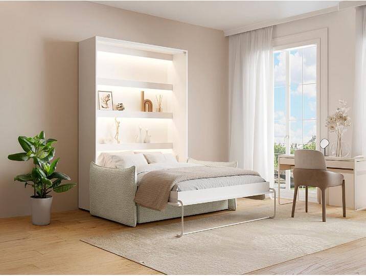 Schrankbett 140 x 200 cm - Manuelle vertikale Öffnung - Mit LEDs - Weiß + Matratze + Sofa - RAPILI Schrankbett 140 x 200 cm - Manuelle vertikale Öffnung - Mit LEDs - Weiß + Matratze + Sofa - RAPILI von KAUF-UNIQUE.de