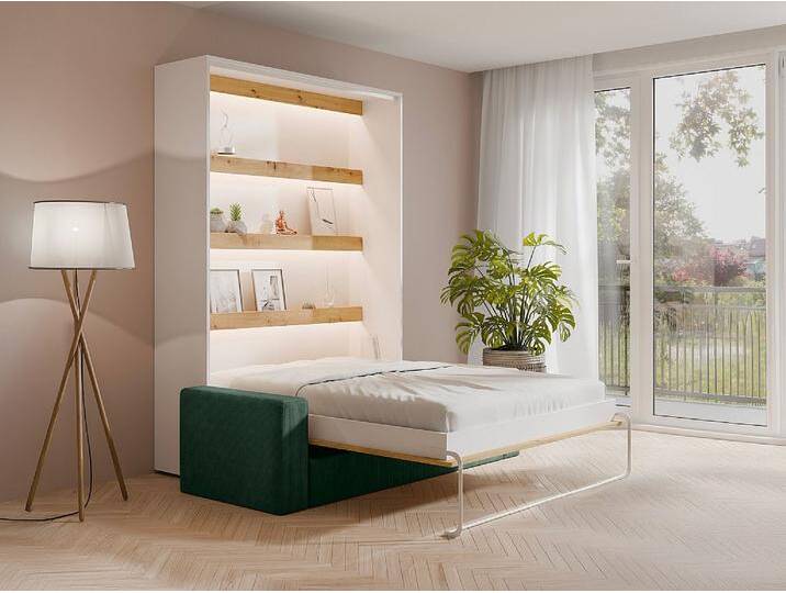 Schrankbett 140 x 200 cm - Manuelle vertikale Öffnung - Mit LEDs - Weiß und Natur + Grünes Sofa - RAPILI Schrankbett 140 x 200 cm - Manuelle vertikale Öffnung - Mit LEDs - Weiß und Natur + Grünes Sofa - RAPILI von KAUF-UNIQUE.de