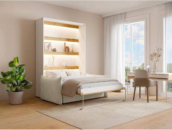 Schrankbett 140 x 200 cm - Manuelle vertikale Öffnung - Mit LEDs - Weiß & Natur + Sofa - RAPILI Schrankbett 140 x 200 cm - Manuelle vertikale Öffnung - Mit LEDs - Weiß & Natur + Sofa - RAPILI von KAUF-UNIQUE.de