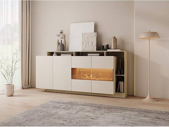 Sideboard mit 4 Türen & 4 Ablagefächern - Mit LED-Beleuchtung - Beige und Natur Hell - IDESIA von KAUF-UNIQUE.de