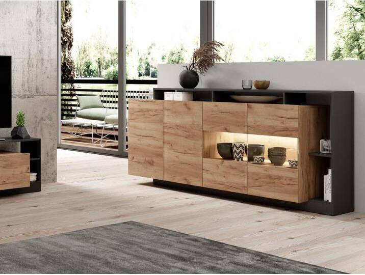 Sideboard mit 4 Türen & 4 Ablagefächern - Mit LED-Beleuchtung - Holzfarben hell und Anthrazit - IDESIA Sideboard mit 4 Türen & 4 Ablagefächern - Mit LED-Beleuchtung - Holzfarben hell und Anthrazit - IDESIA von KAUF-UNIQUE.de