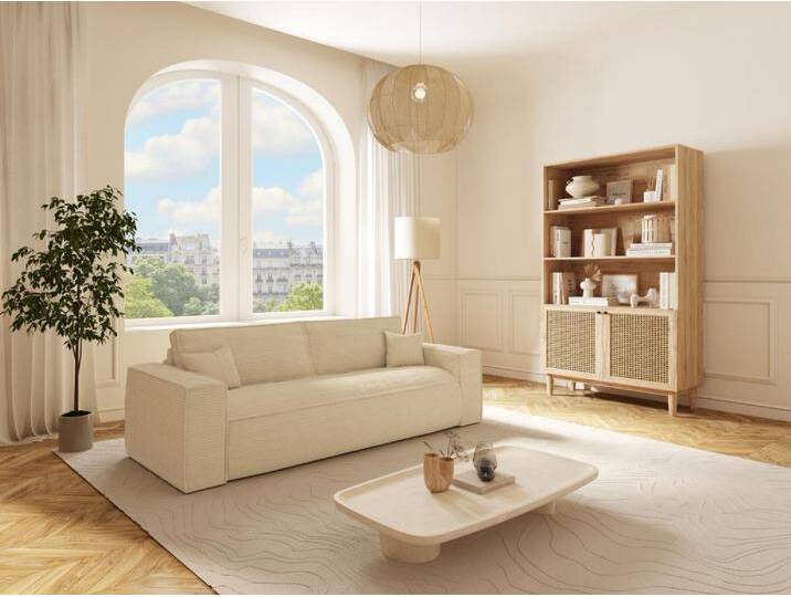 Sofa 3-Sitzer mit Matratze - Cord - Beige - Liegefläche 140 cm - Matratze 14 cm mit Memory Schaum - AMELIA von KAUF-UNIQUE.de