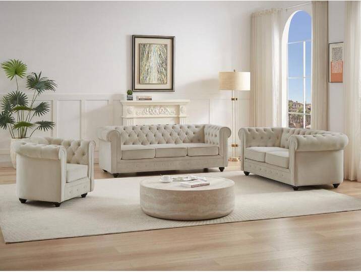 Sofas 3-Sitzer, 2-Sitzer & Sessel - Samt - Beige - CHESTERFIELD von KAUF-UNIQUE.de
