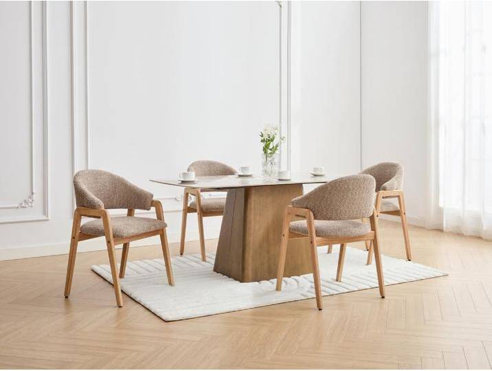 Stuhl mit Armlehnen 6er-Set - Bouclé-Stoff & Kautschukholz - Taupe & Holzfarben - SOLUNA von KAUF-UNIQUE.de