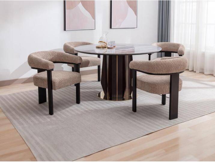 Stuhl mit Armlehnen 6er-Set - Bouclé-Stoff & Kautschukholz - Taupe & Schwarz - LIVELIA von KAUF-UNIQUE.de