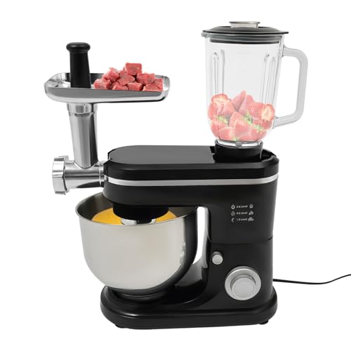 3 in 1 Küchenmaschine, 1500W Multifunktionsmixer mit Fleischwolf, 1.5L Saftpresse, 6L Edelstahlschüssel Teigmaschin 6-Gänge Mixgeschwindigkeiten (Schwarz) von KAUITOPU