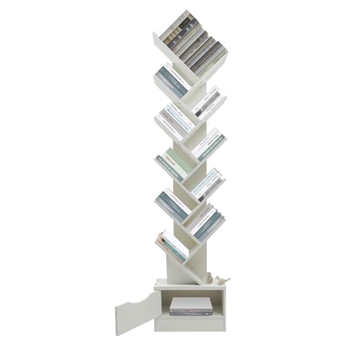 KAUITOPU Freistehend Bücherregal, Baumförmig Standregal mit 12 Fächern 1 Schubladen Massivholz Büroregal für Wohnzimmer Schlafzimmer Arbeitszimmer Büros (Weiß) von KAUITOPU