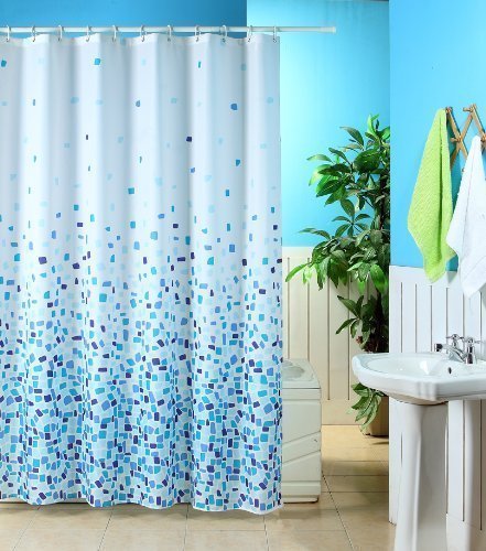 KAV Duschvorhang, Stoff, wasserdicht, extra volle Abdeckung für die Badewanne, 220 cm breit x 180 cm lang, 100% Polyester, beschwerter Saum (Mosiac Blue) von KAV