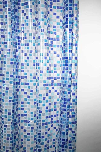 KAV Premium-Duschvorhang, vollständig wasserdicht, PEVA, mit Hygiene- und Clean-Technologie, 180 x 180 cm, 2 Stück, blaues Mosaik-Design für Heim- und Hotel-Badezimmer-Dekoration von KAV