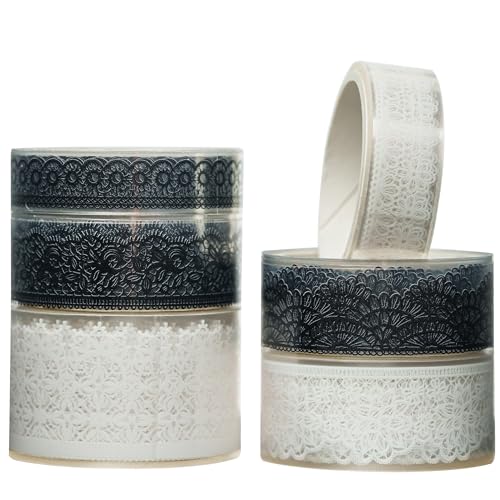 KAVI' S 6 Rollen Lace Muster Washi Tape Set PET Masking Tape Dekoratives Klebeband für Scrapbooking, Geschenkverpackung, Urlaubsdekoration (Black and White) von KAVI' S