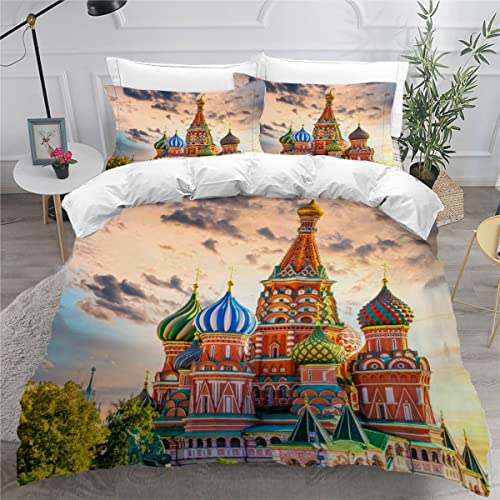 Bettwäsche 135x200 Sommer bettwäsche Moskau Bettbezüge mit Reißverschluss Weich Mikrofaser Bettbezug 3D Architektur Landschaft Russland Kinder Bettwäsche Set 3Teilig mit 2 Kissenbezüge 80×80 von KAVITO