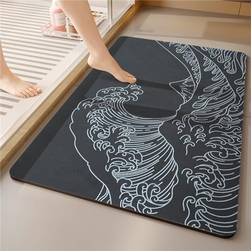 KAWABOSS Schnell trocknende Kieselgur Badematte Saugfähige dünne Badematten für Badezimmer rutschfeste Schwarze Instant Dry Diatomit Teppiche Teppich von KAWABOSS