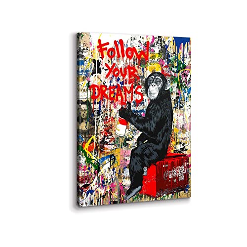 KAWAHONE Banksy Street Graffiti Monkey Inspirierende Zitate, Follow Your Dreams Monkey Gorilla Tierdrucke für Wohnzimmer Schlafzimmer (Graffiti-Affe, 30,5 cm B x 45,7 cm H mit Rahmen) von KAWAHONE