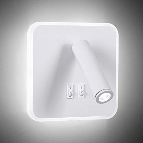 KAWELL 8W Modern Wandleuchte LED Bettleuchte Lesen Lampe 350° Schwenkbares 3W LED Wandspot mit Schalter Innen Wandlampe für Schlafzimmer Wohnzimmer Studierzimmer, Weiß 6000K von KAWELL