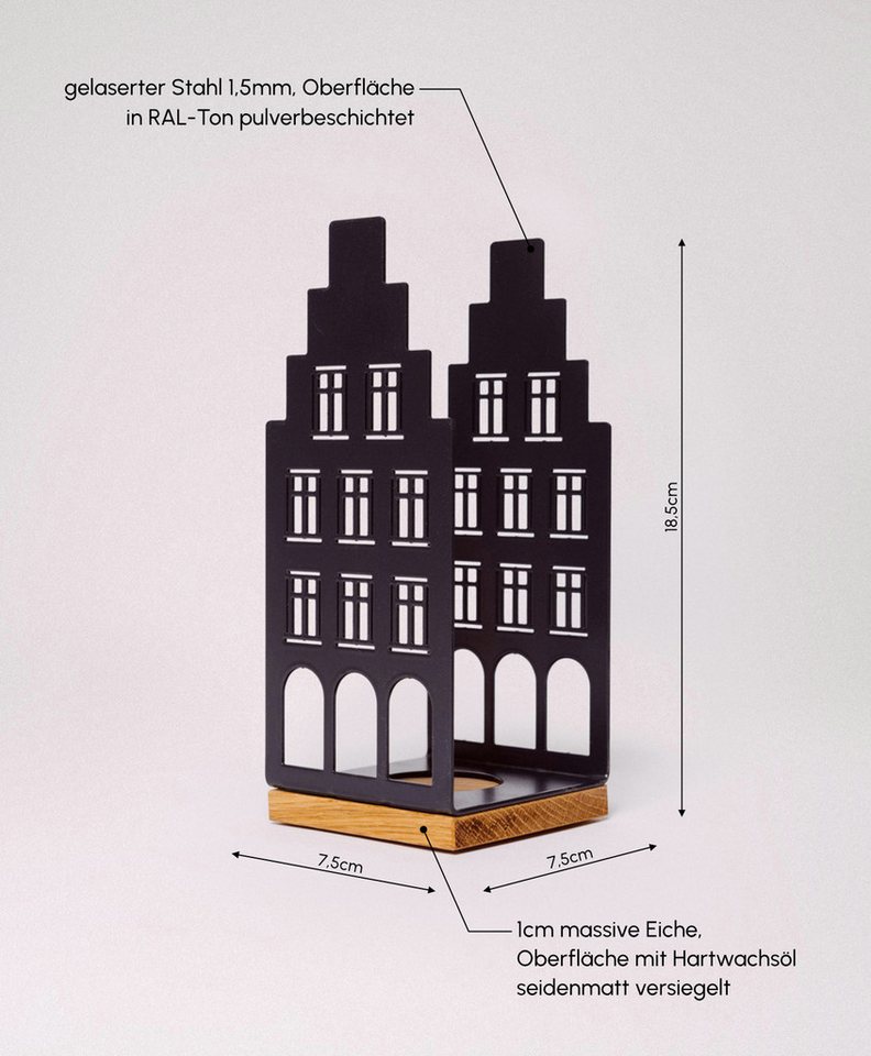 KAWENTSMANN Windlicht Nobelstrehle Nr.2 (1 x Windlicht), Aus pulverbeschichtetem Metall und geöltem Eichenholz, Handgefertigt von KAWENTSMANN