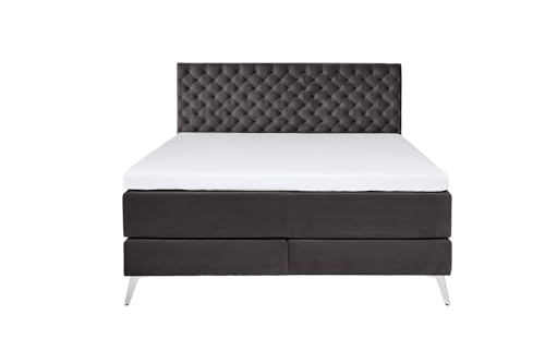 KAWOLA Boxspringbett 160x200 cm SINDAR Bett mit Stoffbezug anthrazit und silbernen Füßen - Chesterfield Doppelbett Ohne Topper von KAWOLA