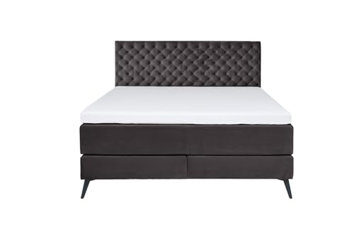 KAWOLA Boxspringbett 160x200cm Bett SINDAR, Matratze & Chesterfield Kopfteil, Anthrazit Stoff, Schwarz Fuß ohne Topper von KAWOLA