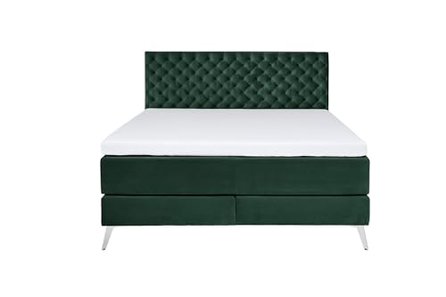 KAWOLA Boxspringbett 200x200cm Dunkelgrün mit Visco-Topper Bett SINDAR, Matratze 7-Zonen H2/H3, Füße Silber von KAWOLA